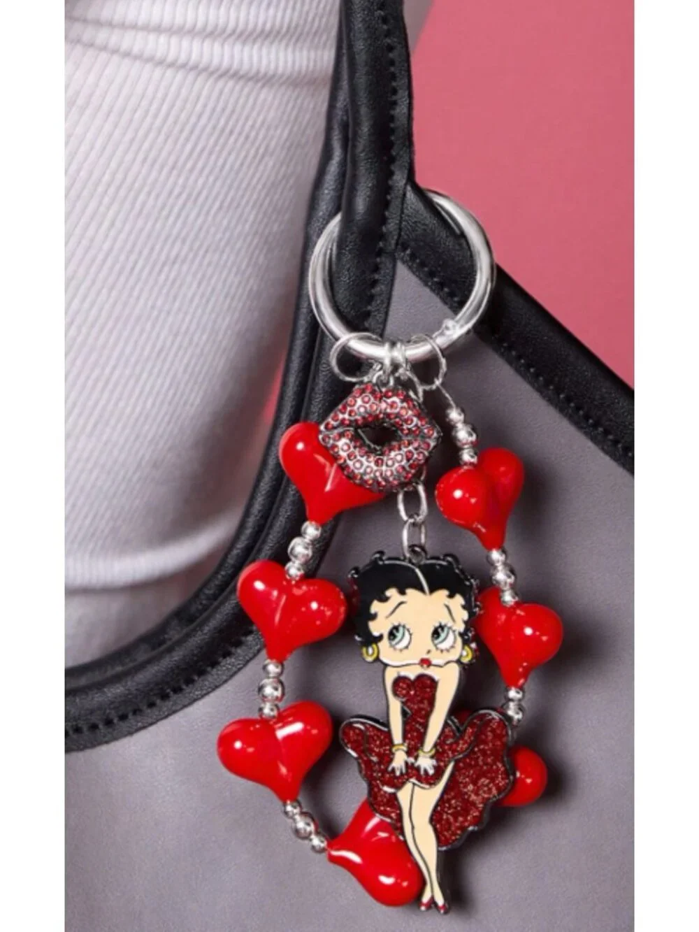 Betty Boop Rhinestone Heart Beaded Keychain Purse Charm Red Lip Bag Accessory